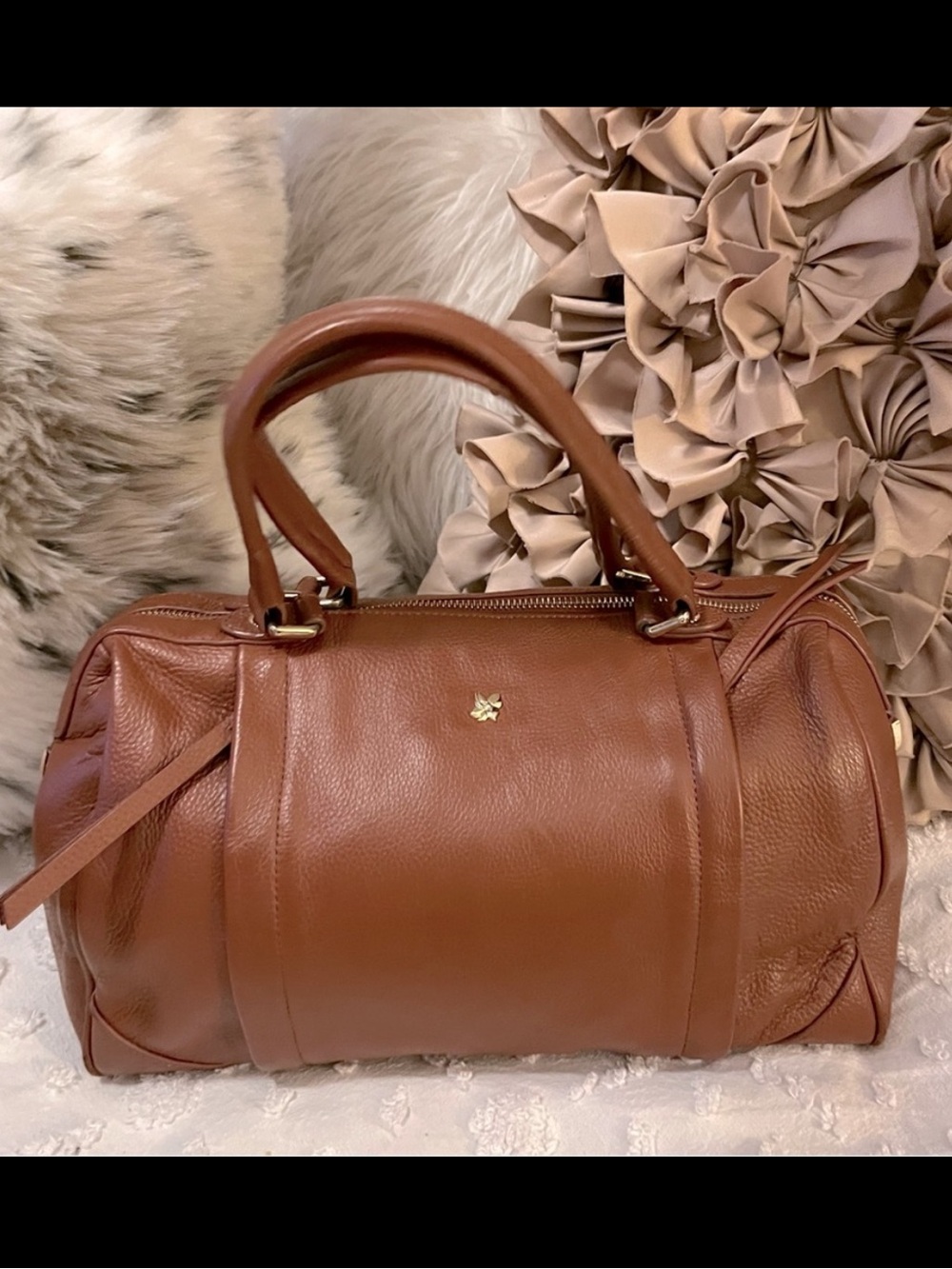 Ora Delphine Women’s Liza Satchel Soft Pebbled Leather Cognac Brown Purse Bag